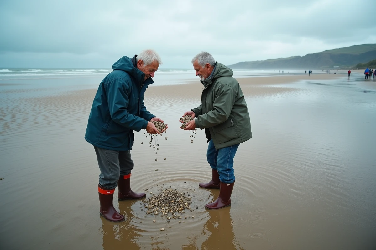 Deux hommes ramassant des coquillages sur la plage