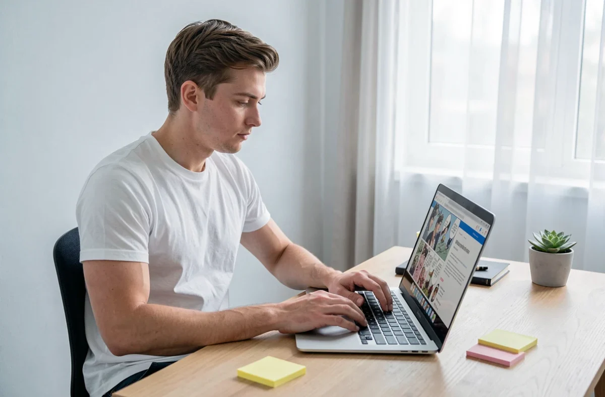 Homme adulte comparant des sites de lecture manga sur un ordinateur portable dans un bureau minimaliste à domicile
