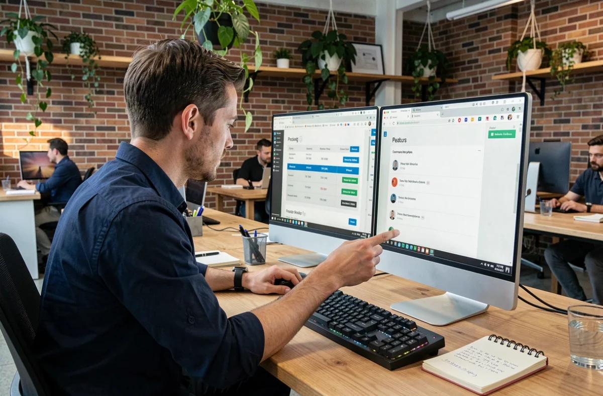 Homme en co-working comparant les tarifs et fonctionnalités de Scoopium sur un écran d'ordinateur de bureau