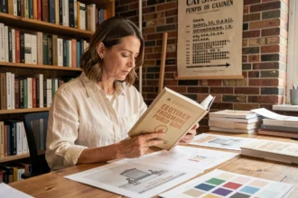 Graphiste examninant la première de couverture d'un livre dans un studio éditorial chaleureux avec des maquettes imprimées sur le bureau