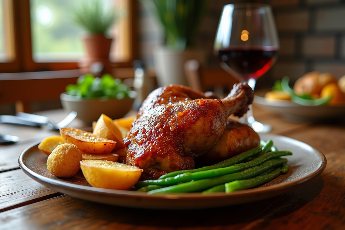 Confit de canard servi avec pommes de terre rôties et haricots verts