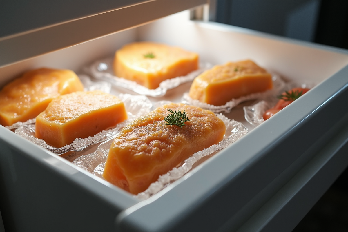 Congélateur avec portions de foie gras en emballage sous vide