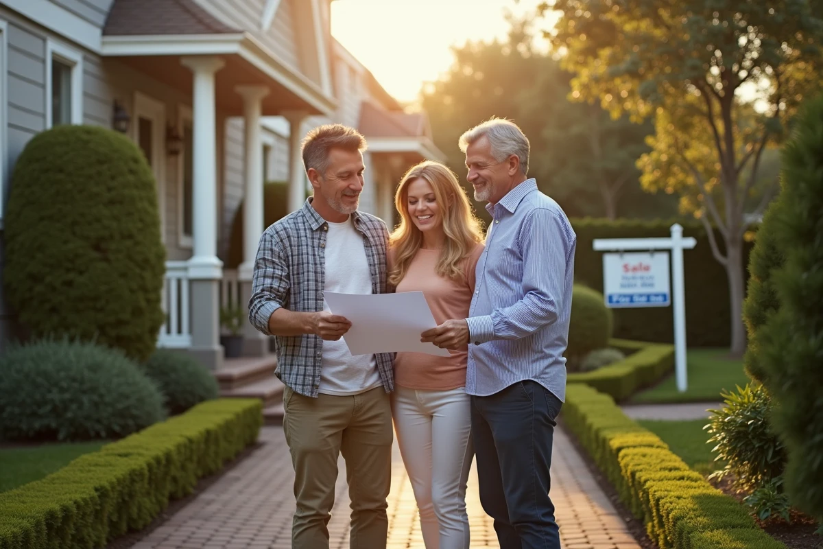 Couple mature discutant avec un agent immobilier devant une maison