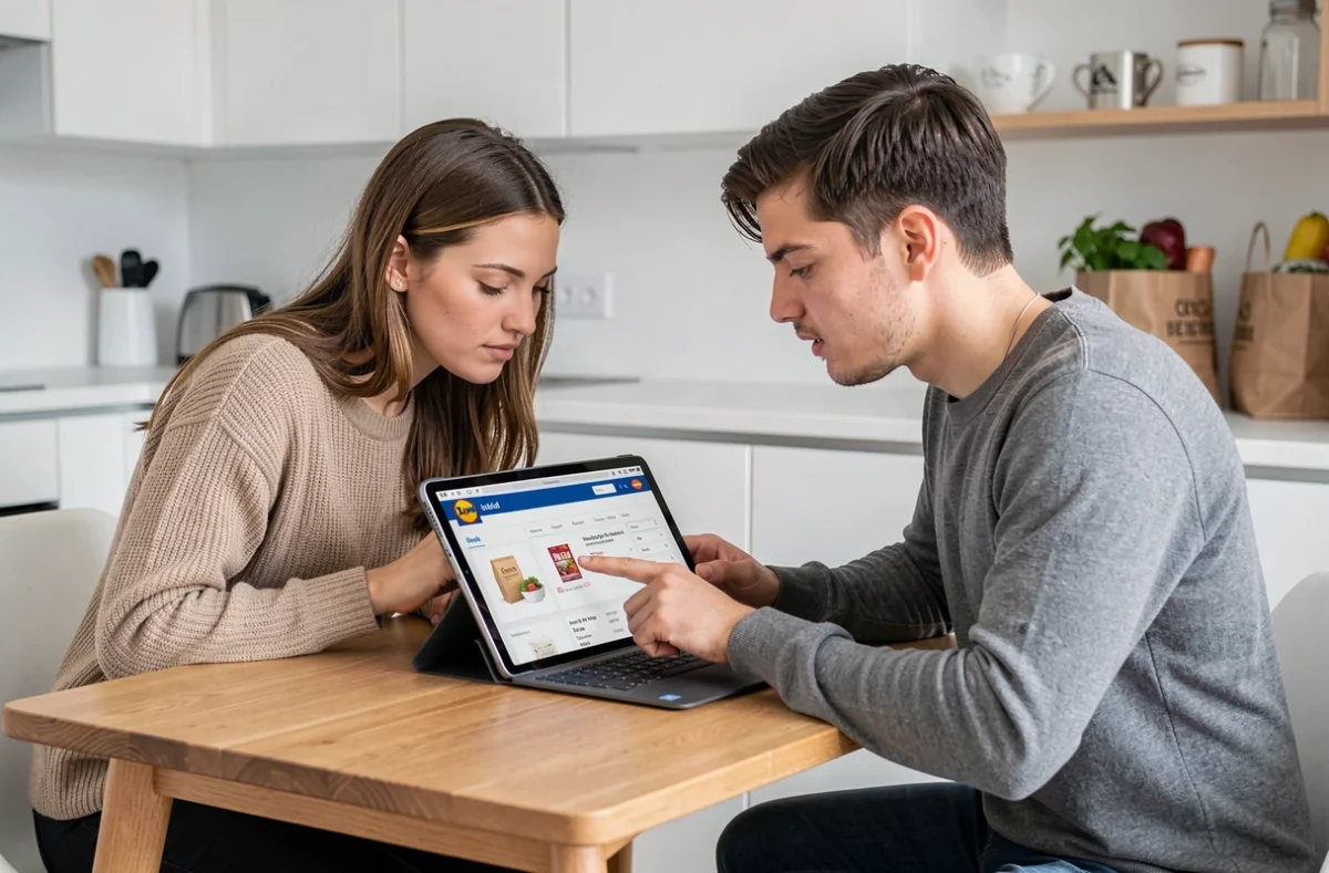 Couple consultant les astuces et promotions de l'application Lidl sur une tablette à domicile