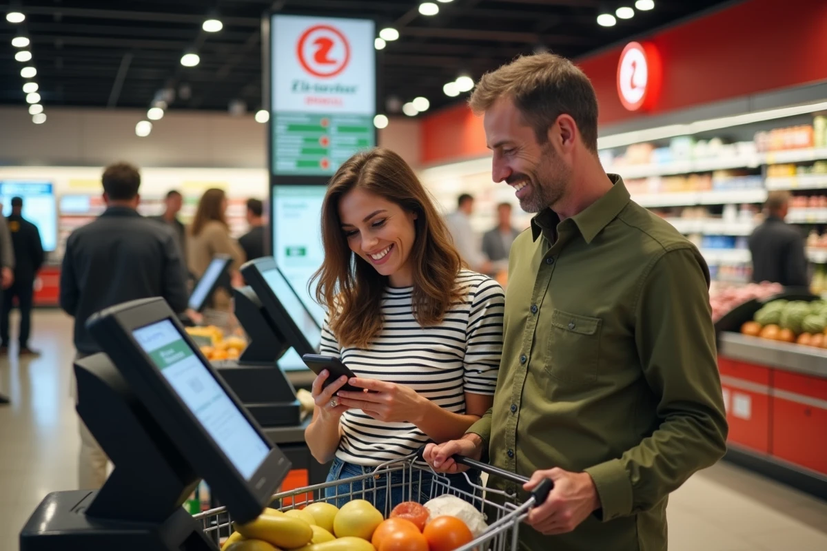 Couple utilisant une borne de caisse automatique E Leclerc tout en vérifiant des promotions sur smartphone