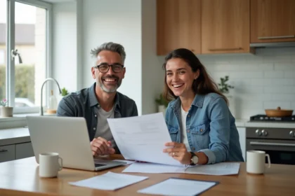 Couple souriant examinant des documents de prêt immobilier