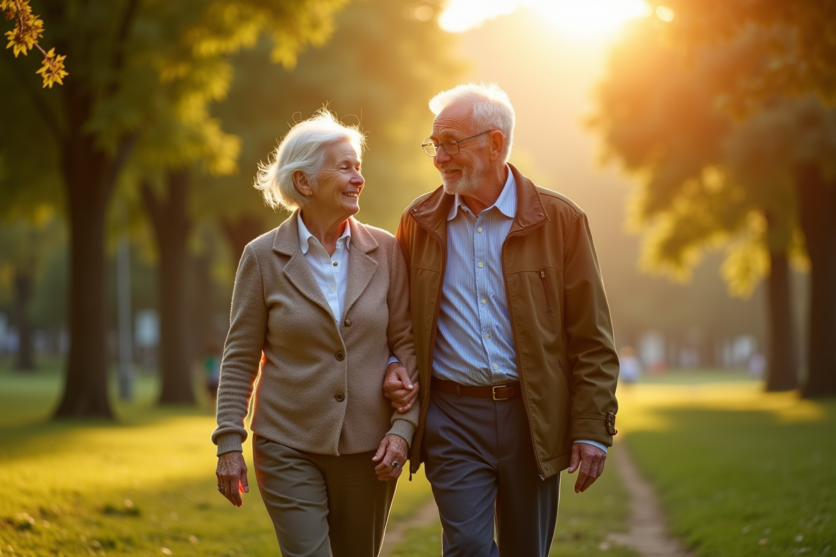 Couple agee marchant dans un parc ensoleille lors de lheure dorée