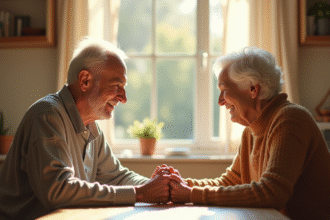 Couple agee assis main dans la main dans une cuisine lumineuse