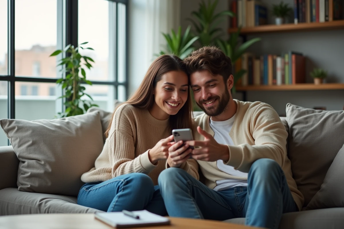 Couple comparant un forfait mobile international pas cher sur un smartphone dans un appartement moderne