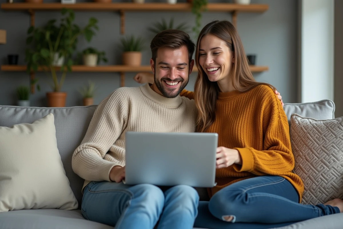 Couple souriant regardant un ordinateur dans un salon moderne
