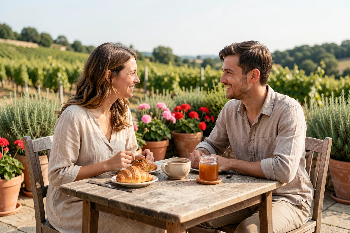 Couple prenant le petit-déjeuner en terrasse dans un gîte de campagne lors du pont de Pentecôte