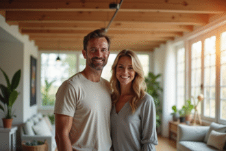 Couple souriant dans une maison rénovée lumineuse et moderne
