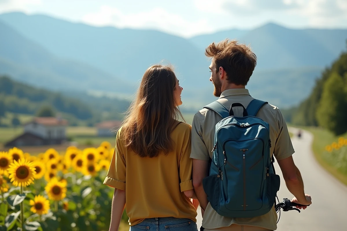 Jeune couple avec vélos dans champs en Monlezun