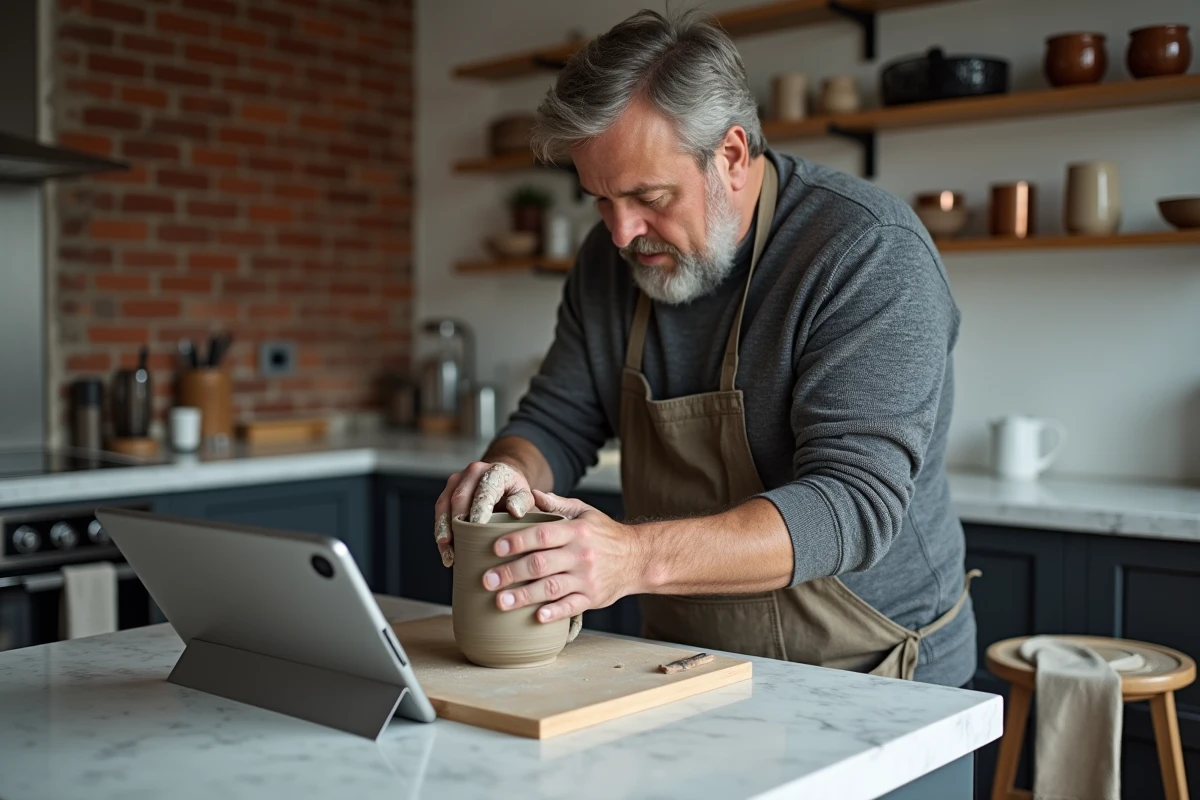 Homme adulte participant à un cours de poterie en ligne depuis sa cuisine, façonnant l'argile devant une tablette diffusant un tutoriel vidéo