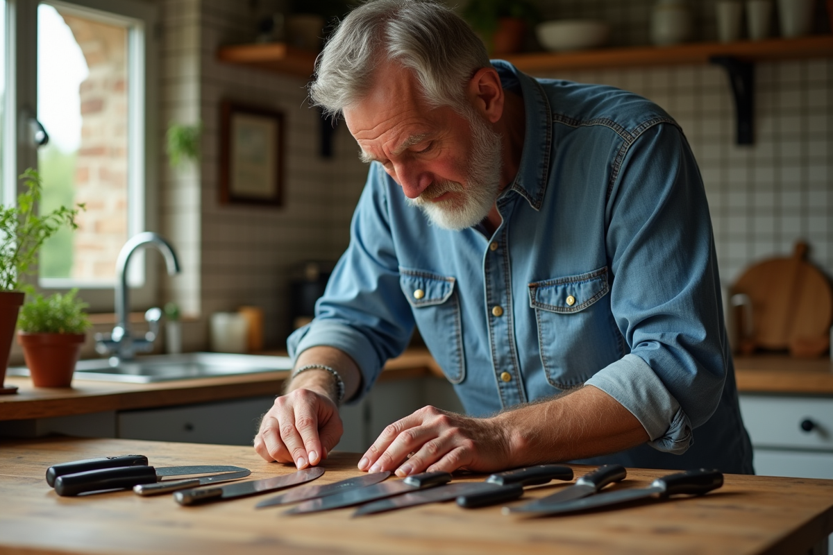 Homme moyenâgeux examinant des couteaux Le Pradel dans une cuisine rustique