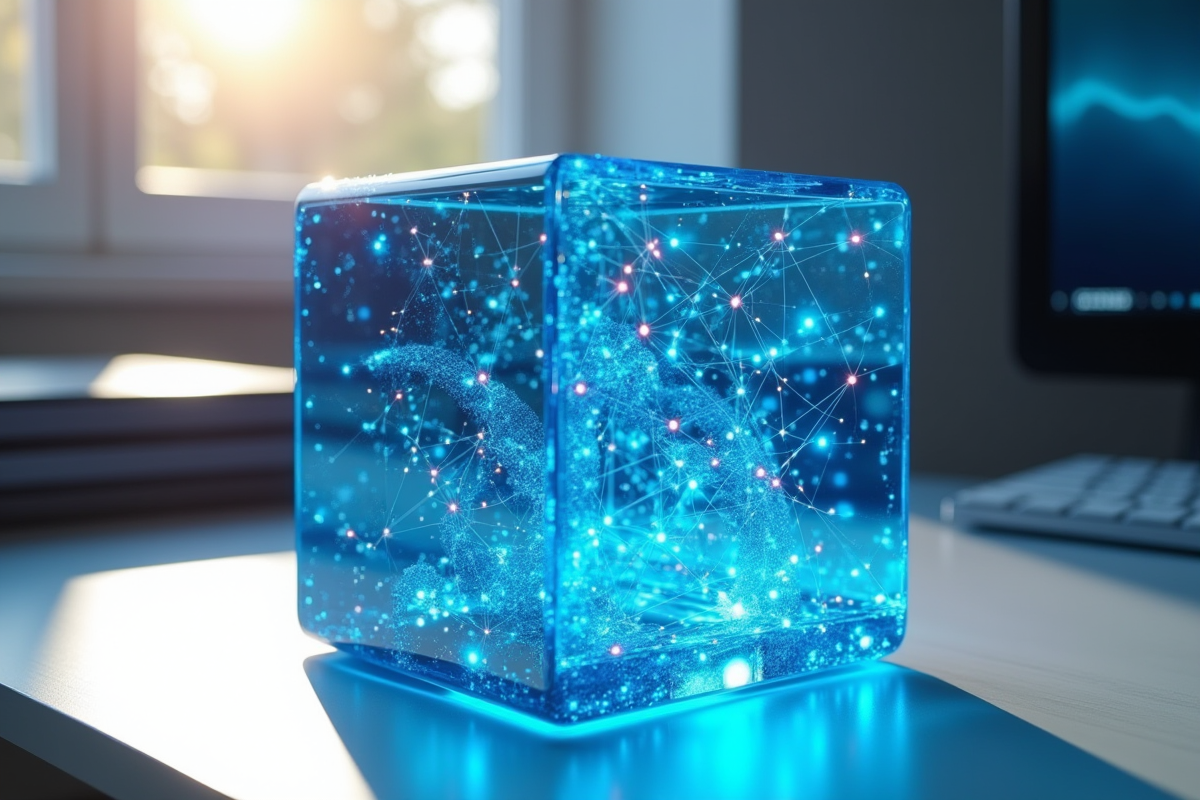 Cube avec chaines et noeuds numériques bleus sur bureau blanc