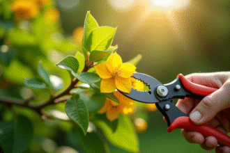 Mains cueillant un honeysuckle frais avec sécateurs dans un jardin