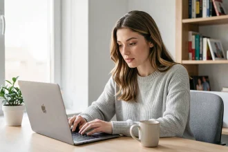 Jeune femme débutante découvrant la plateforme Scoopium sur son ordinateur portable dans un bureau à domicile moderne