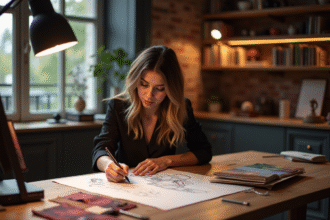 Designer français en atelier moderne dessinant des concepts de mode