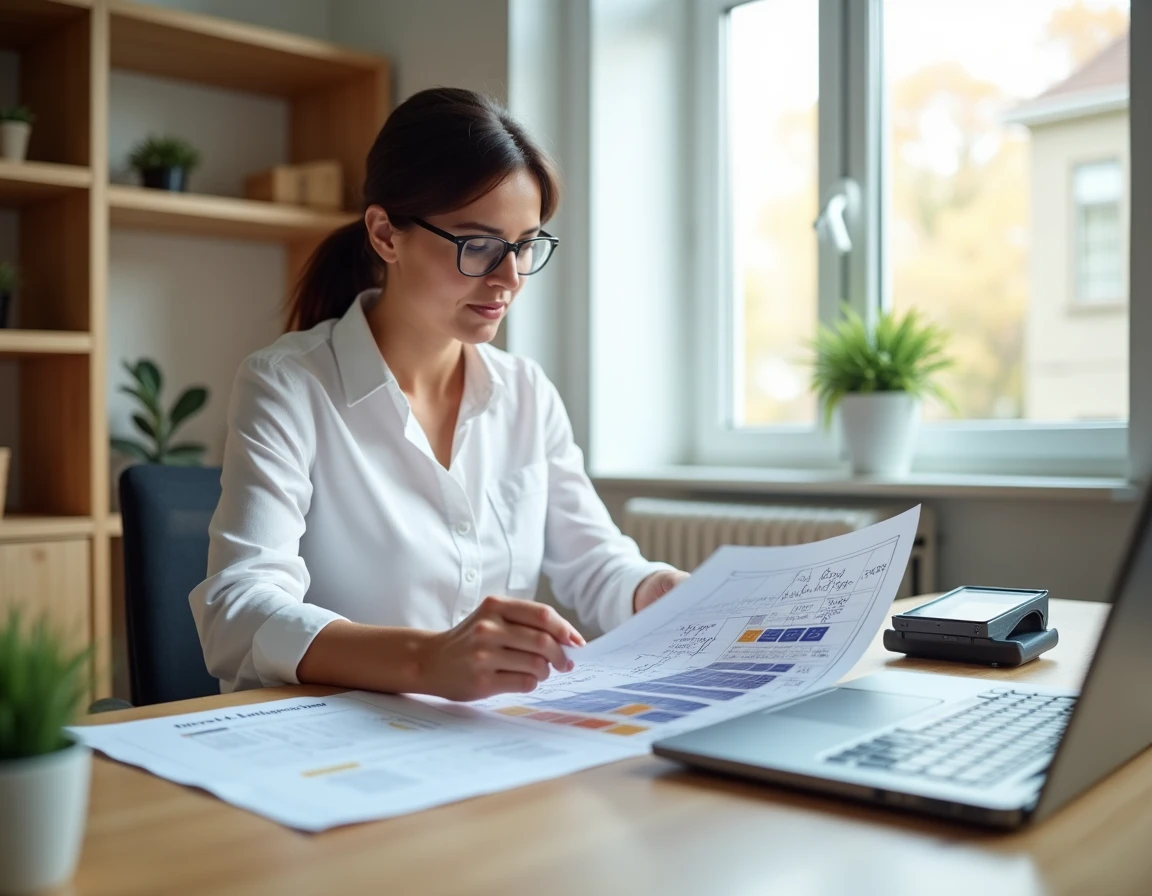 Femme consultant un plan de dimensionnement d'installation solaire avec des calculs de conversion kilowatt et mégawatt sur un bureau à domicile