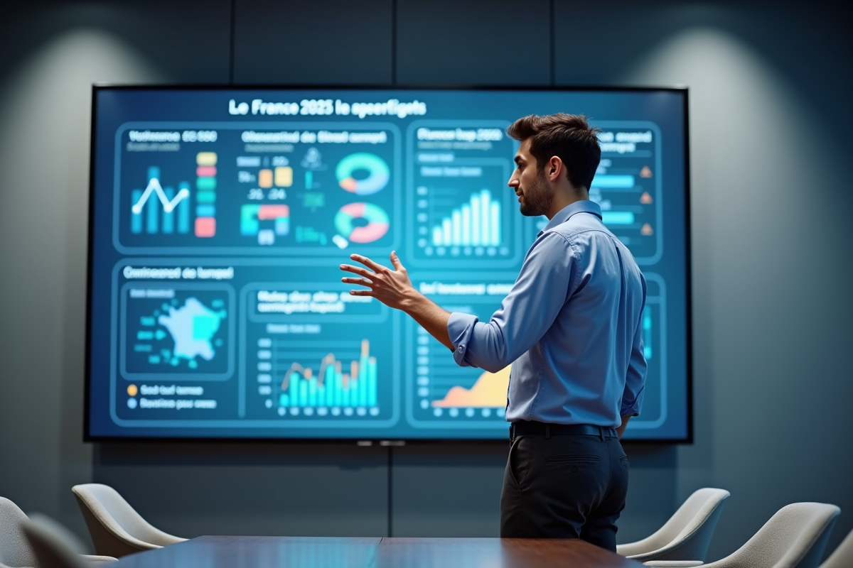 Jeune homme français discutant devant un affichage interactif