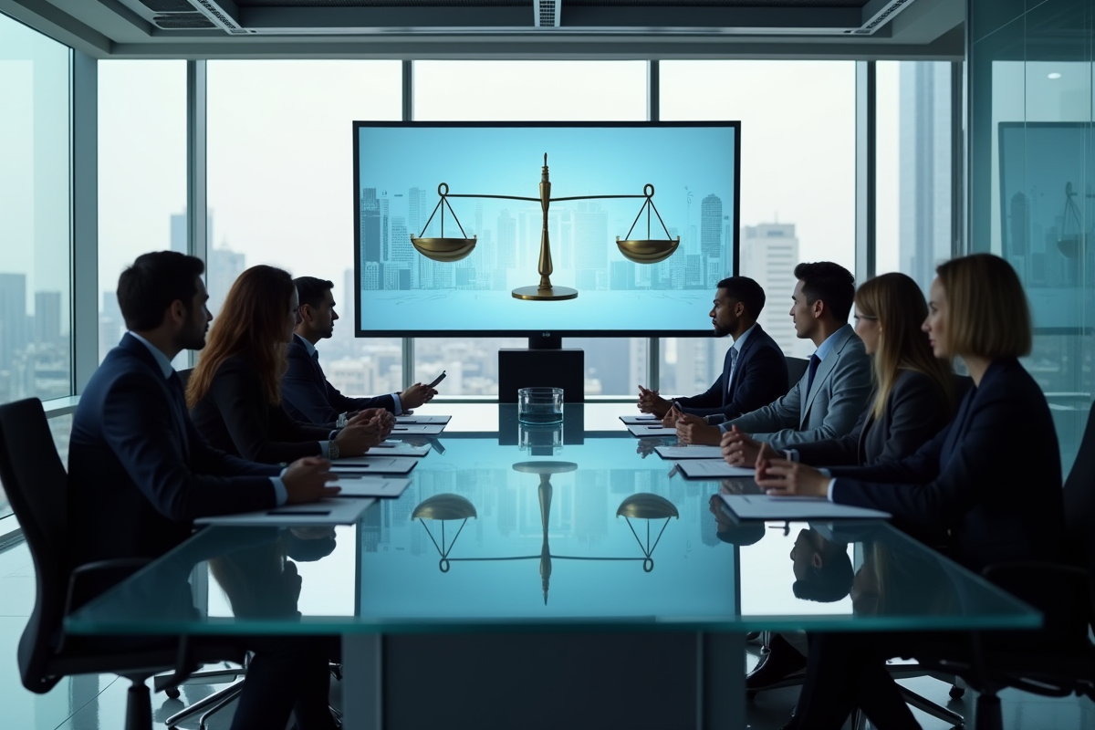 Groupe de personnes en discussion avec écrans et balance éthique en arrière-plan