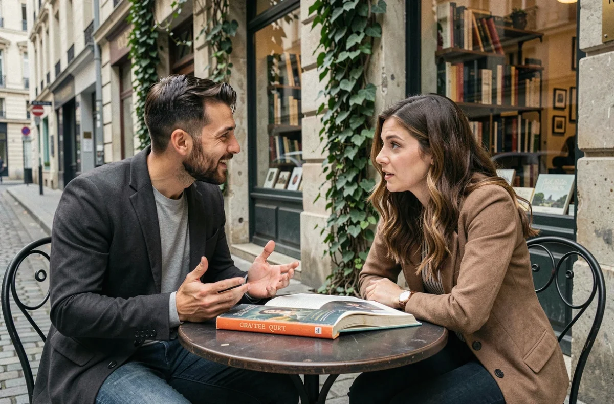 Deux personnes discutant du langage et de la mythologie d'Hermès autour d'un livre ouvert dans un café parisien