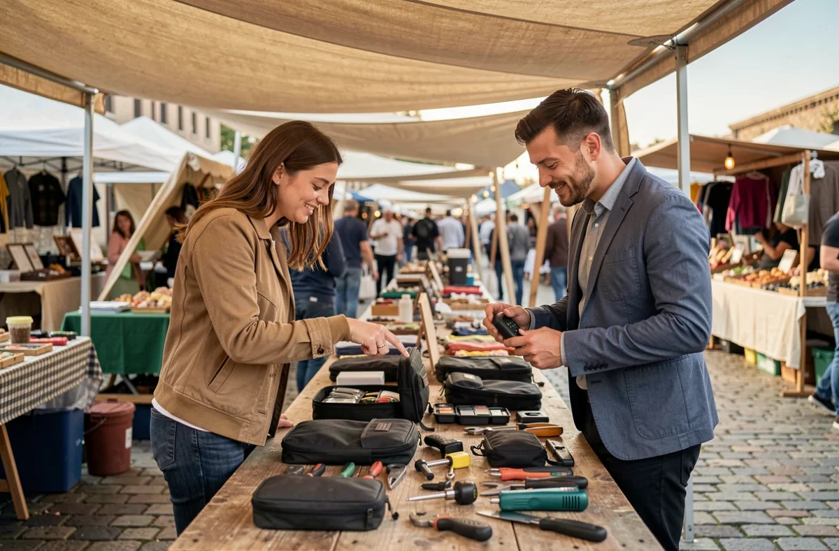 Deux personnes explorant des accessoires pratiques et du matériel conseillé sur un marché en plein air