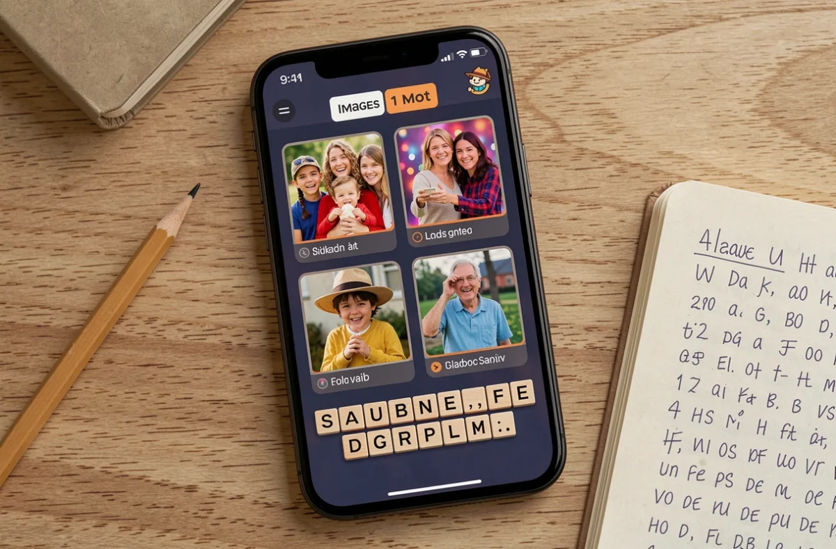 Gros plan sur un écran de smartphone affichant le jeu 4 Images 1 Mot avec mot de 9 lettres