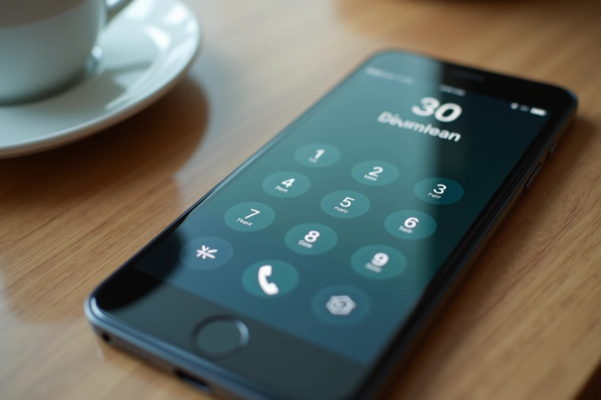 Écran de smartphone affichant un numéro avec l'indicatif 30 posé sur une table en bois