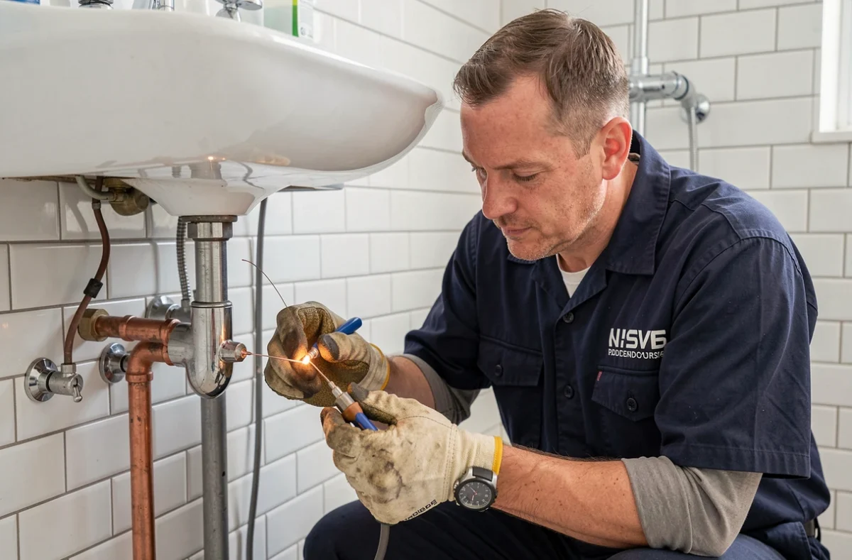 Plombier chauffagiste EGSS effectuant une soudure sur des tuyaux en cuivre dans une salle de bain