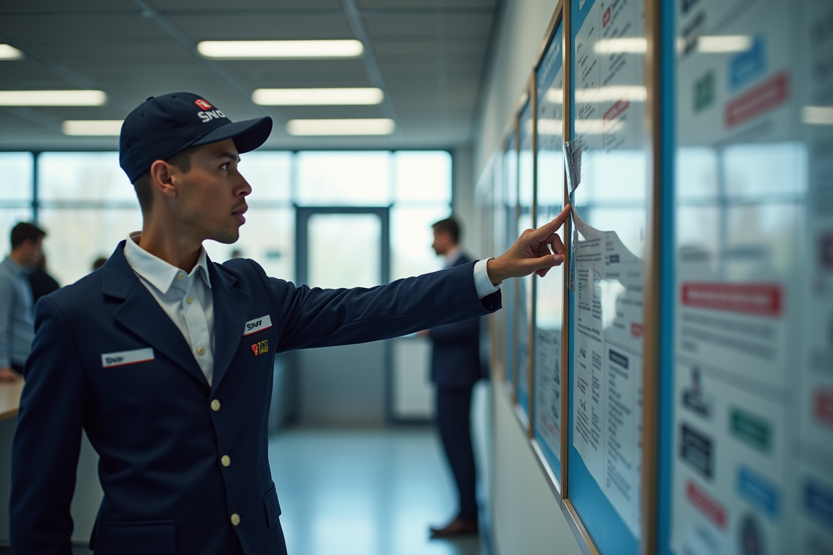 Employe SNCF affichant une note sur un tableau d