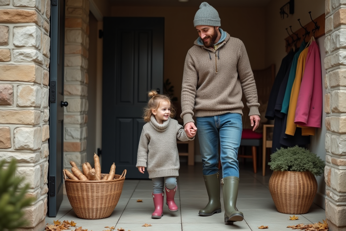 Jeune homme et fille entrant dans une maison normande moderne