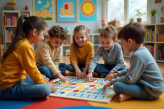 Enfants d'école primaire jouant à un jeu éducatif en classe