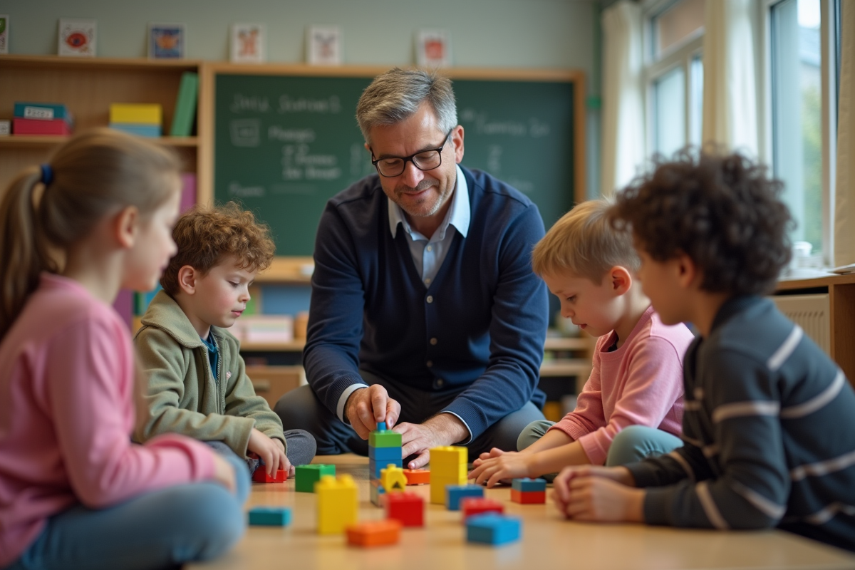 Enseignant avec enfants jouant avec des blocs en classe