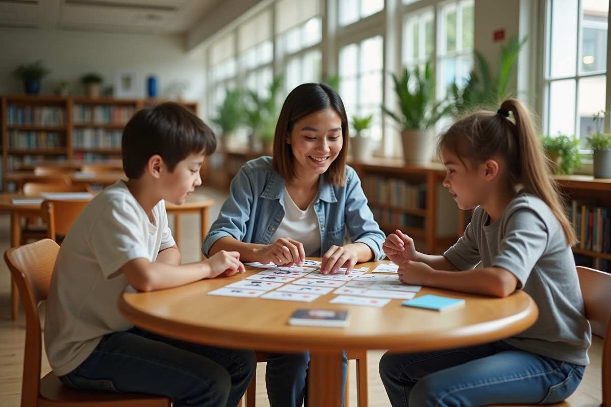 Professeure aidant deux adolescents à un jeu de mathématiques
