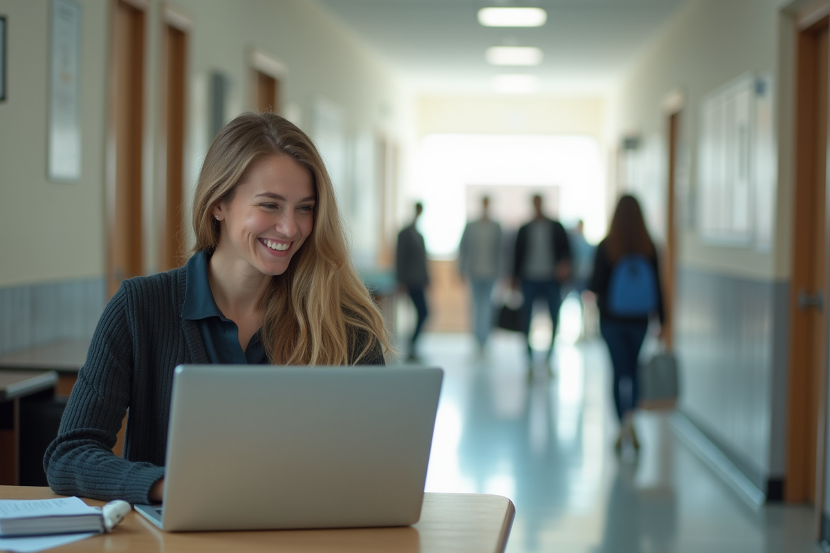 Enseignante souriante utilisant un ordinateur dans un couloir
