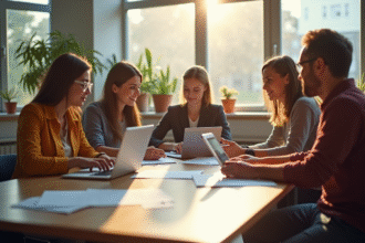 Groupe d'enseignants collaborant dans une salle moderne