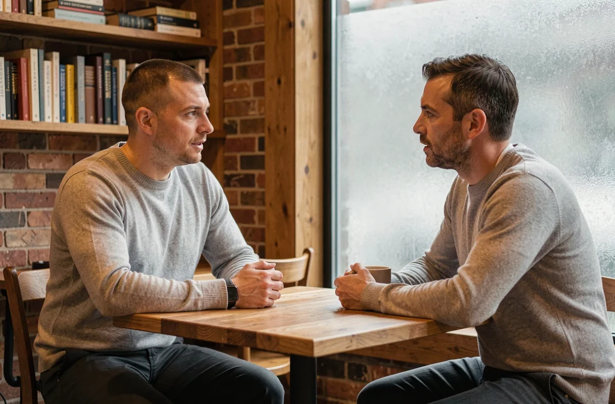 Deux hommes en discussion constructive dans un café, illustrant la gestion de conflits interpersonnels par un profil ESTJ