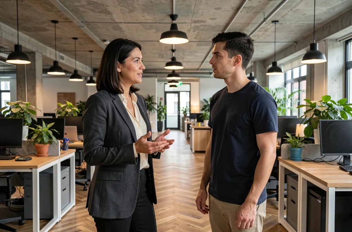 Manager ESTJ adoptant une communication directe et apaisante pour résoudre une tension avec un collègue dans un open space