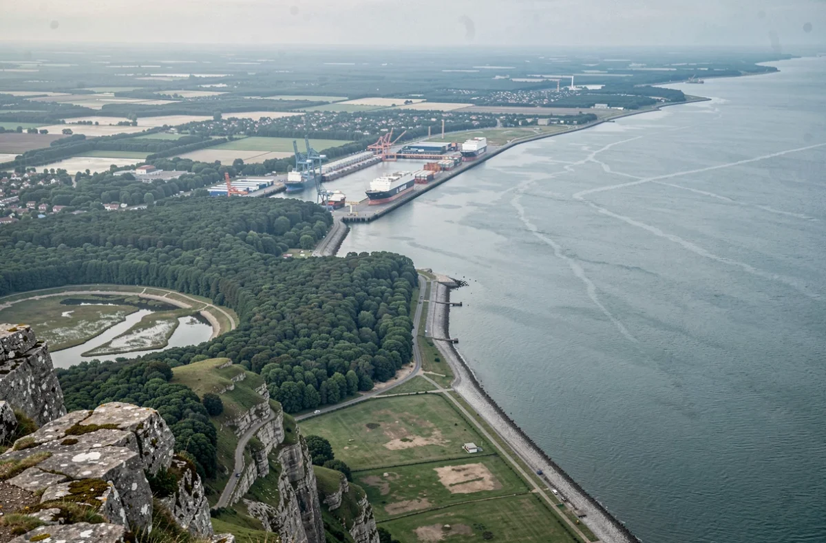 Vue aérienne de l'estuaire de la Seine en Normandie montrant la diversité de l'occupation des sols entre forêts, zones urbaines et littoral