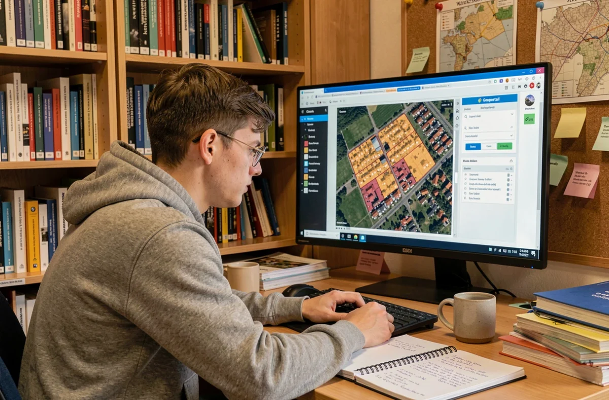 Étudiant en géographie explorant l'interface Géoportail avec les couches cadastrales sur ordinateur en bibliothèque universitaire