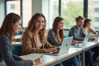 Étudiants universitaires en classe lumineuse avec ordinateurs