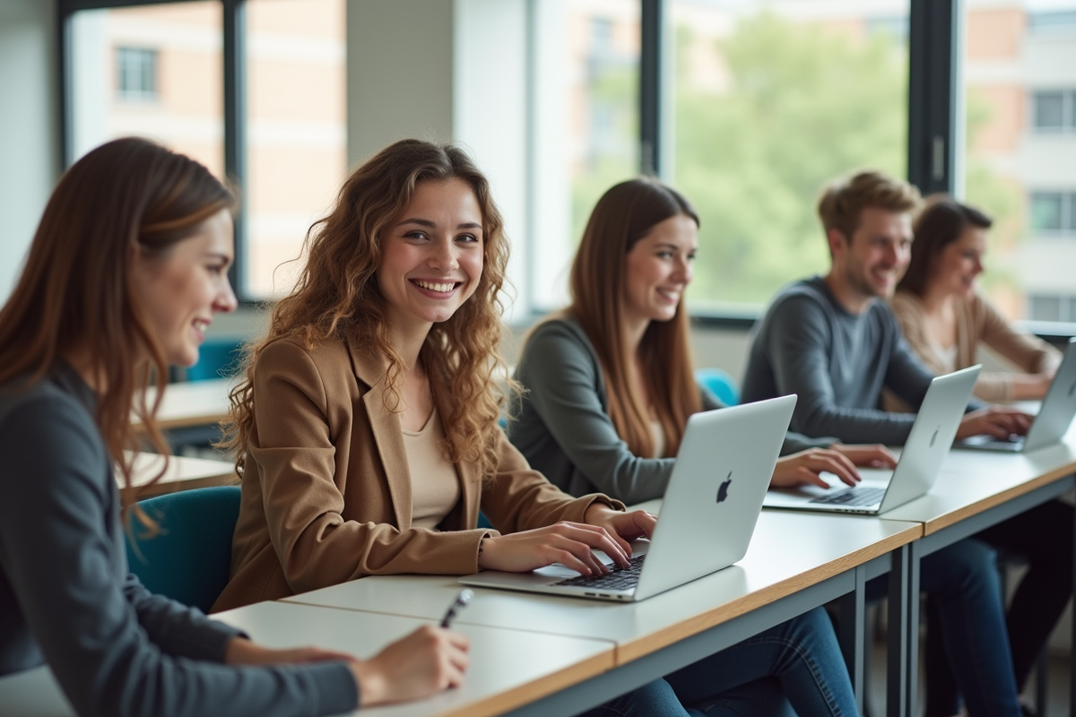 Étudiants universitaires en classe lumineuse avec ordinateurs