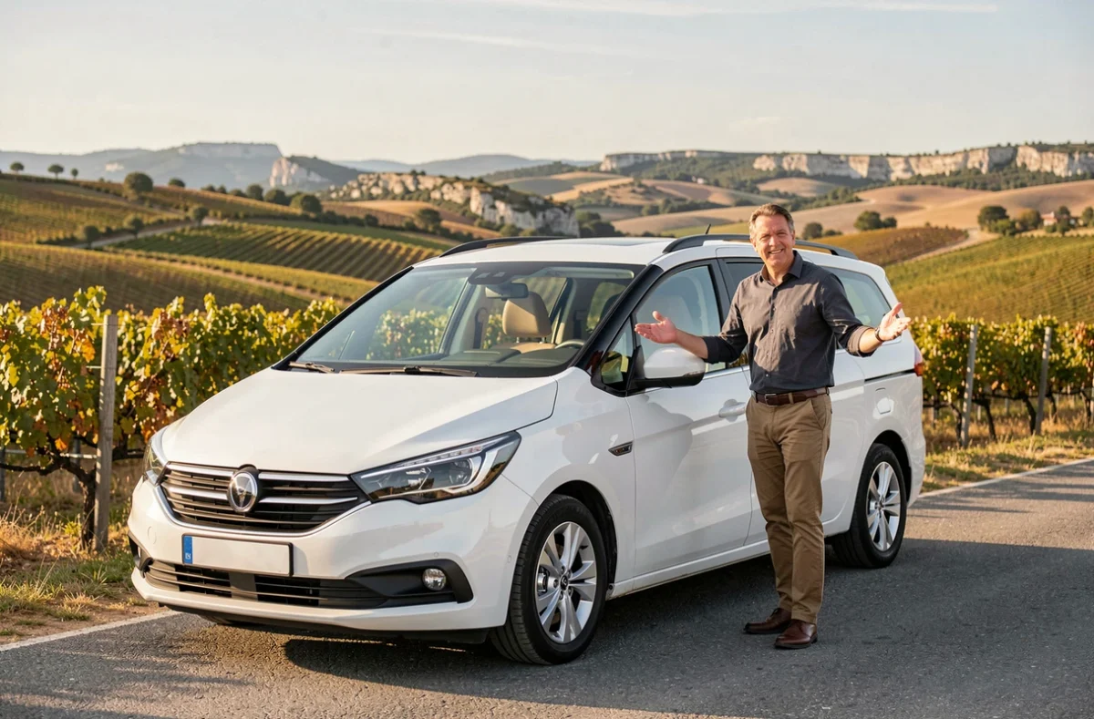 Chauffeur de taxi devant un minivan dans les vignes d'Occitanie pour Evasion Occitane