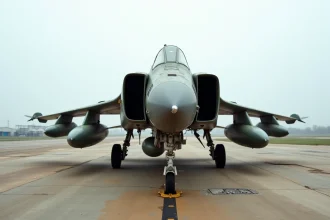 F-4 Phantom II restauré exposé dans un musée de l'aviation en plein air, camouflage militaire authentique sur tarmac en béton patiné