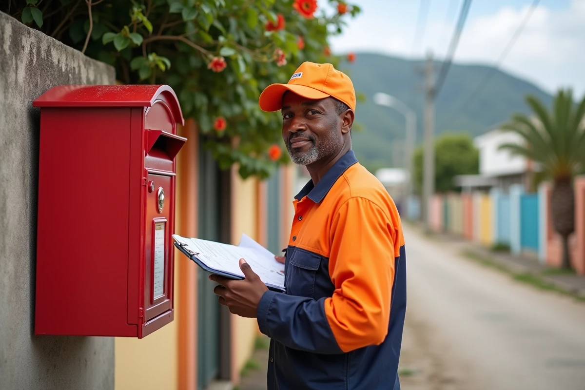 Facteur mauricien en uniforme devant une boîte aux lettres rouge dans une rue suburbaine