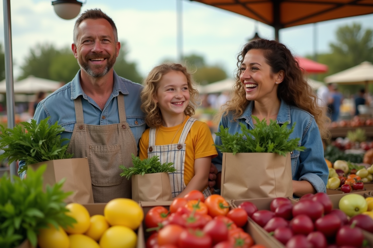 Famille souriante avec fruits et légumes au marché bio