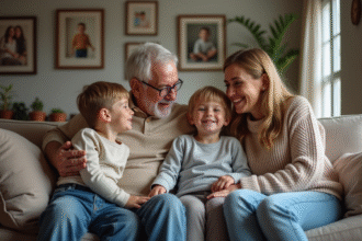 Famille multigeneration partageant un moment de rire dans le salon