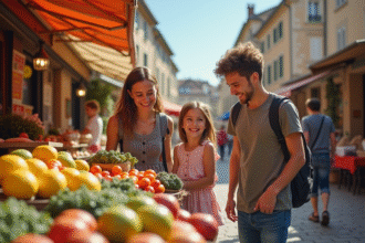 Famille heureuse faisant ses courses au marché français en plein air